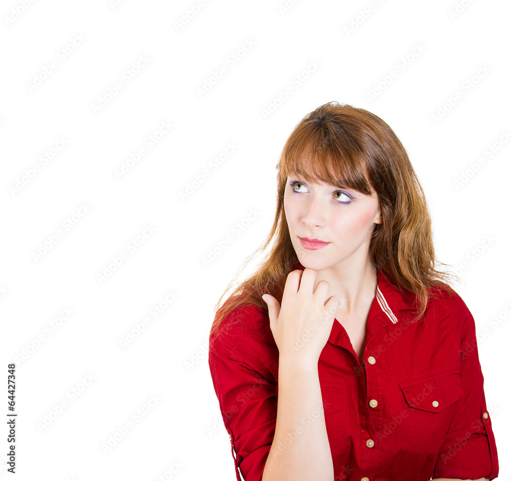 Daydreaming woman looking up isolated on white background Daydreaming woman looking up isolated on white background