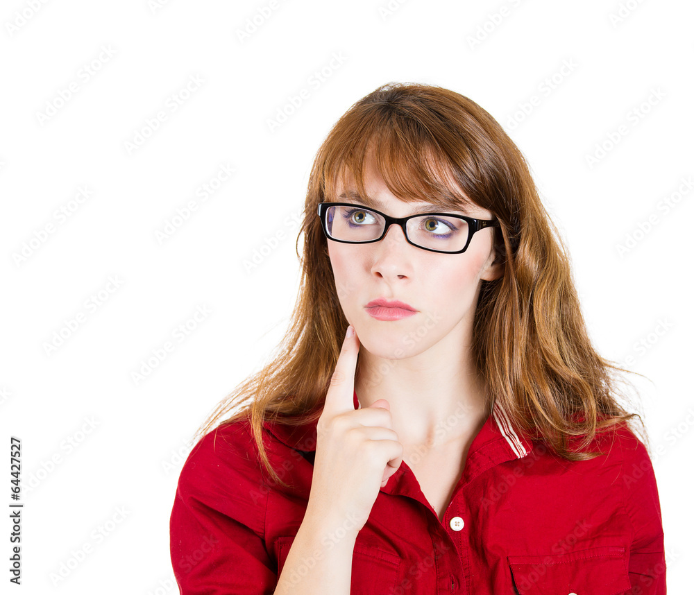 Headshot young thinking daydreaming woman on white Headshot young thinking daydreaming woman on white