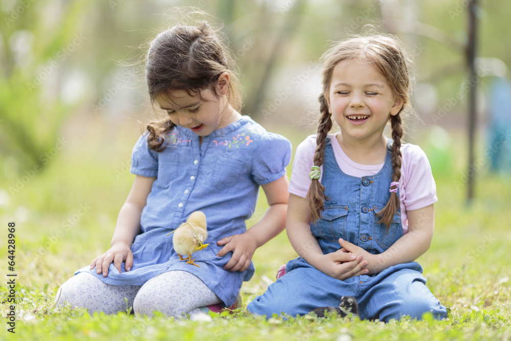 Two little girls with chickens Two little girls with chickens