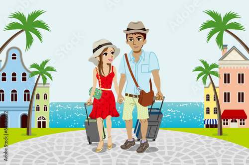 Traveling Couple in Seaside town