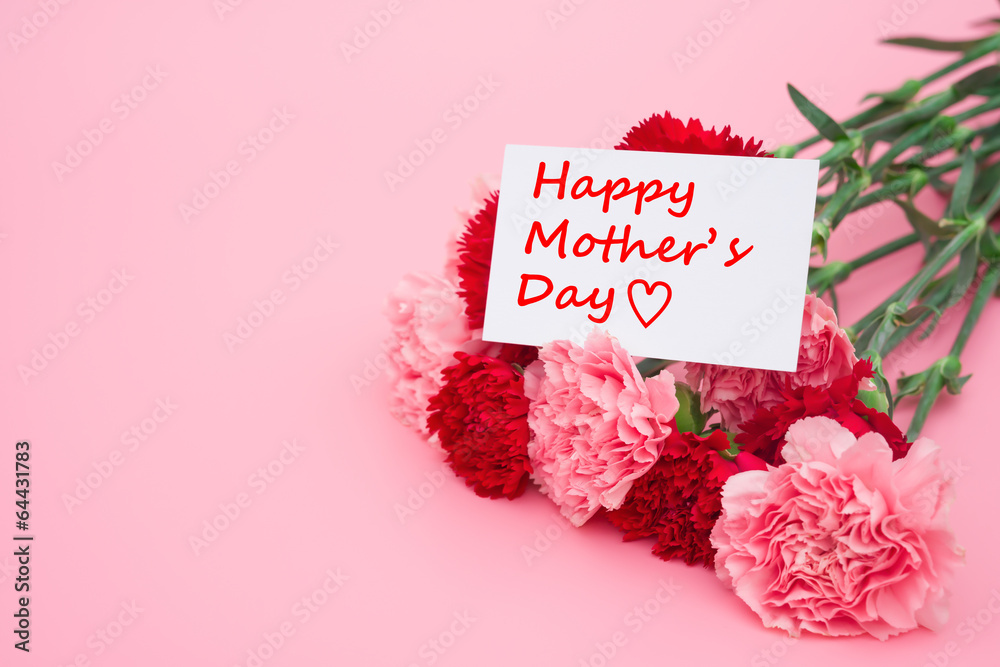 card of happy mother's day with pink and red carnations - obrazy, fototapety, plakaty 