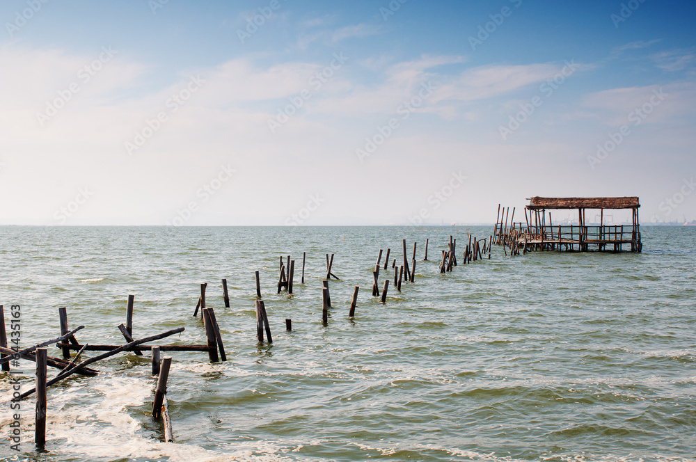 Carrasqueira, Portugal. Port made of wood, piers and cabins