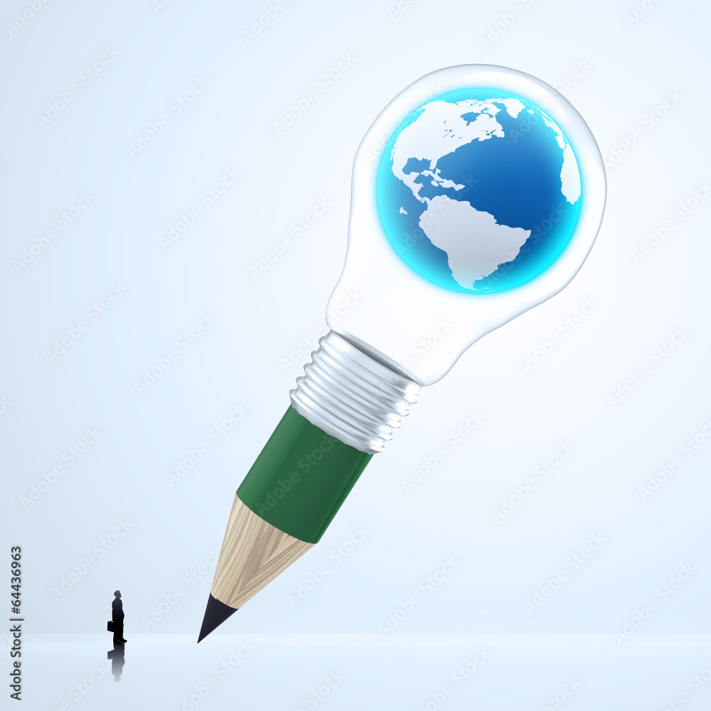 businessman looking at the earth inside 3d pencil lightbulb as c