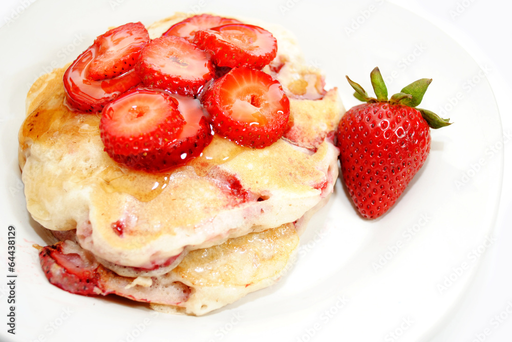 Healthy Strawberry Pancakes Served with Syrup