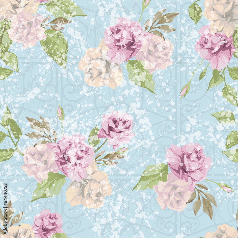 Seamless floral pattern with pastel pink roses with ornament.