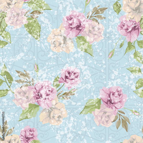 Seamless floral pattern with pastel pink roses with ornament.