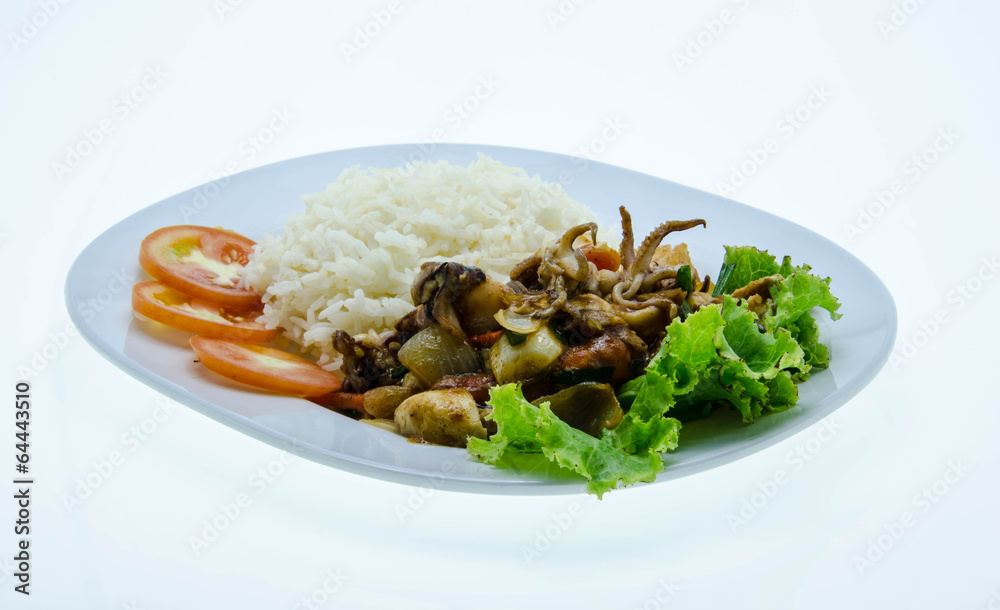 Fried rice squid salted egg on white dish