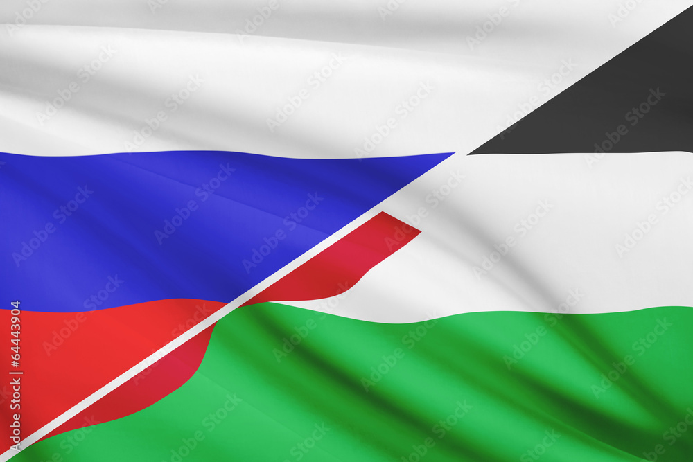 Fototapeta premium Series of ruffled flags. Russia and Hashemite Kingdom of Jordan.