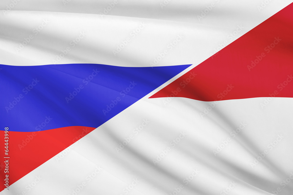 Series of ruffled flags. Russia and Principality of Monaco.