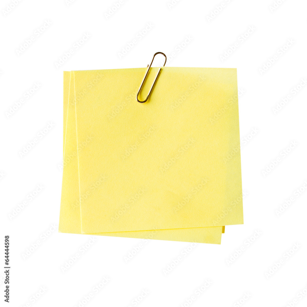 blank yellow note and clip on isolated white blank yellow note and clip on isolated white