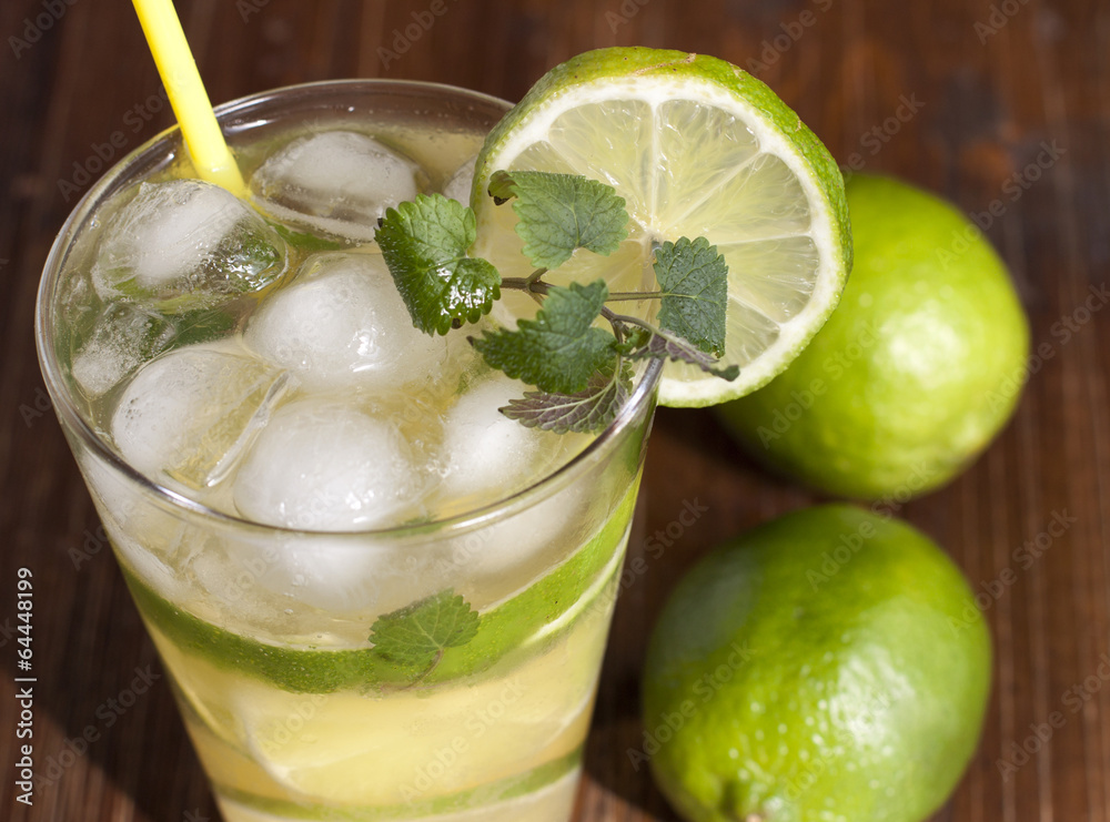 Mojito with fruit lime, mint leaves and ice. Mojito with fruit lime, mint leaves and ice.
