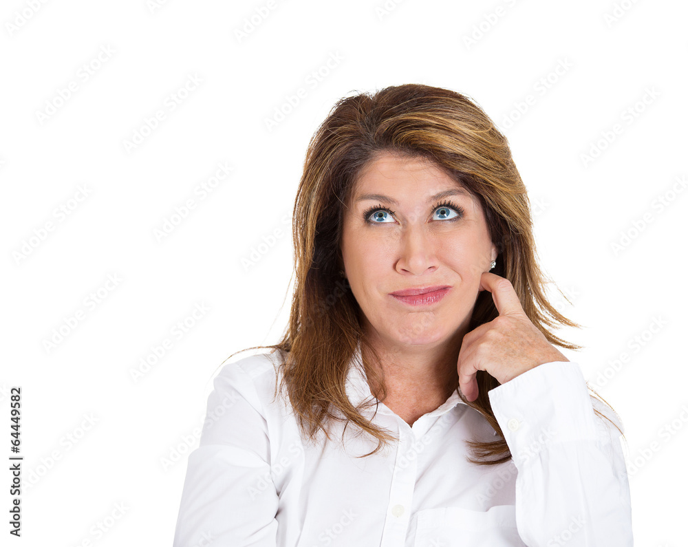 woman daydreaming, thinking, confused, looking up woman daydreaming, thinking, confused, looking up