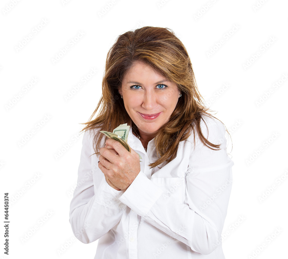 Excited happy woman holding cash isolated white background Excited happy woman holding cash isolated white background