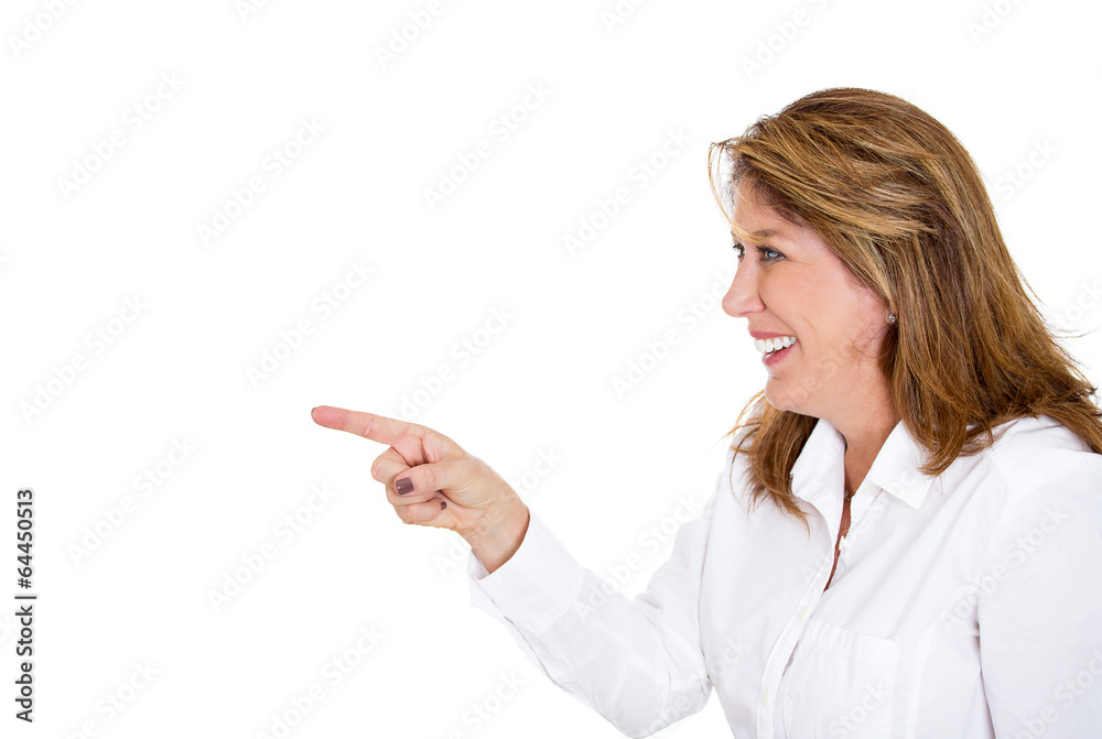 Portrait side view Woman pointing finger Laughing at someone