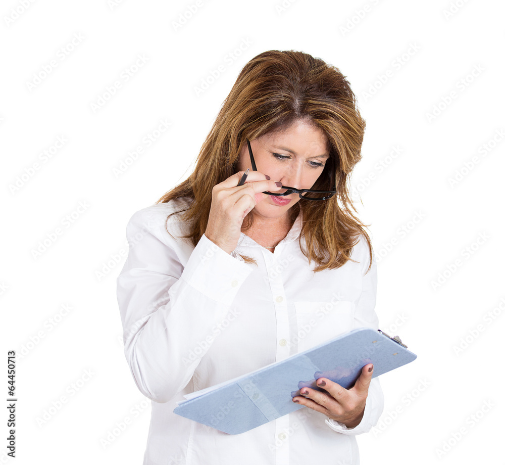 Portrait smiling business woman reading meeting notes