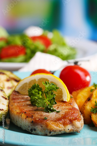 Grilled steak, grilled vegetables and fresh green salad