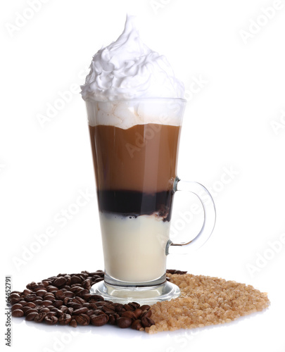 Fototapeta Naklejka Na Ścianę i Meble -  Glass of coffee  with cream and chocolate, isolated on white