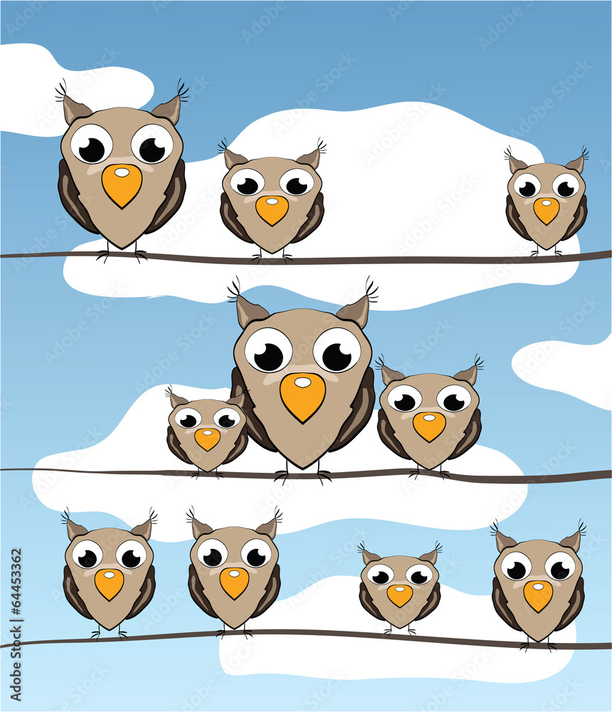 Illustration of cartoon birds on wire