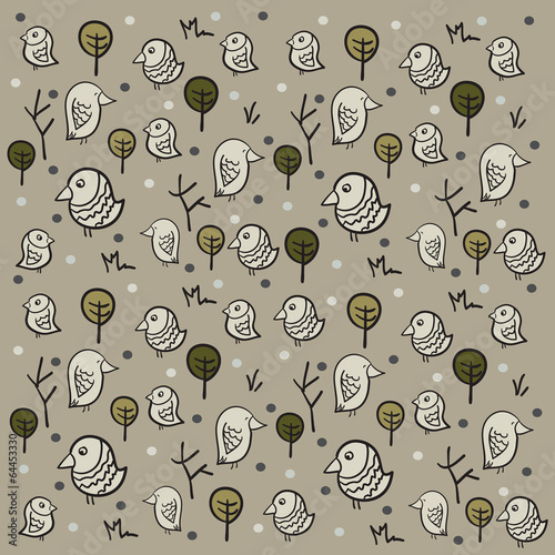 Illustration of seamless pattern with funny birds and green tree