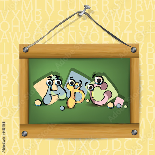 Illustration of wooden school board with cartoon letters abc