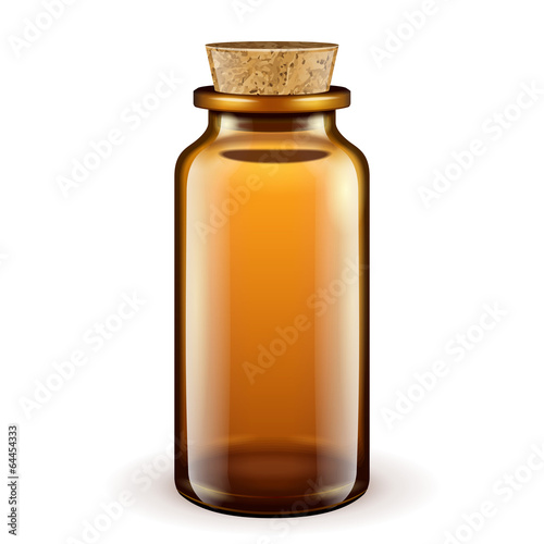 Medical Glass Brown Bottle With Cork Lid On White Background