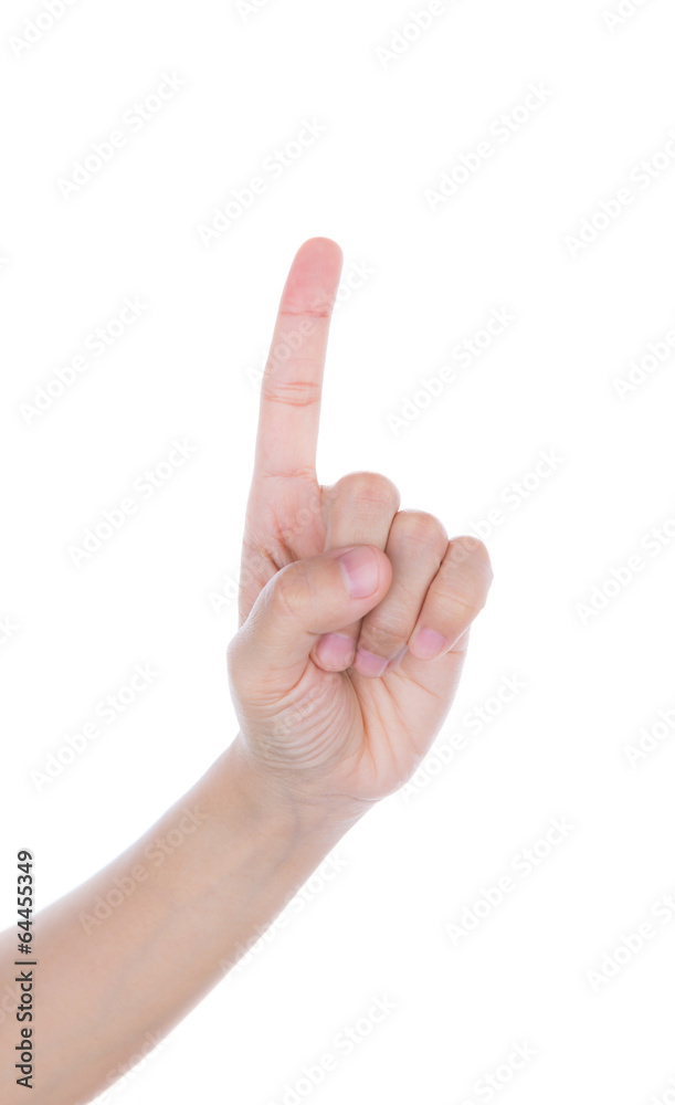 Hand pointing down touching or pressing isolated on white backgr Hand pointing down touching or pressing isolated on white backgr
