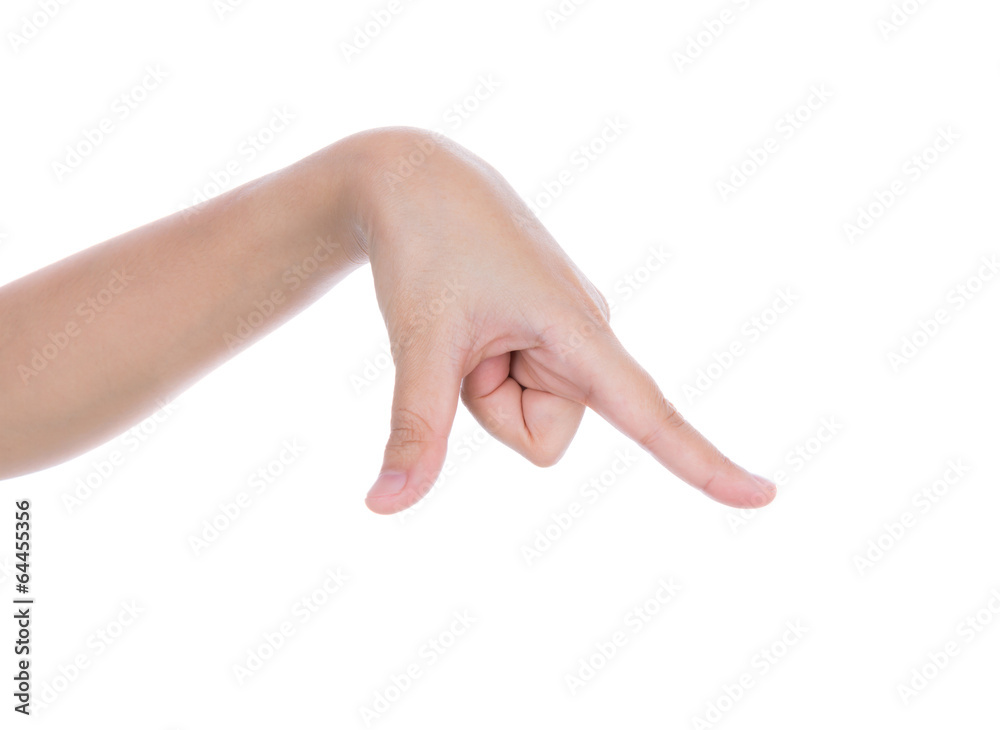 Hand pointing down touching or pressing isolated on white backgr Hand pointing down touching or pressing isolated on white backgr