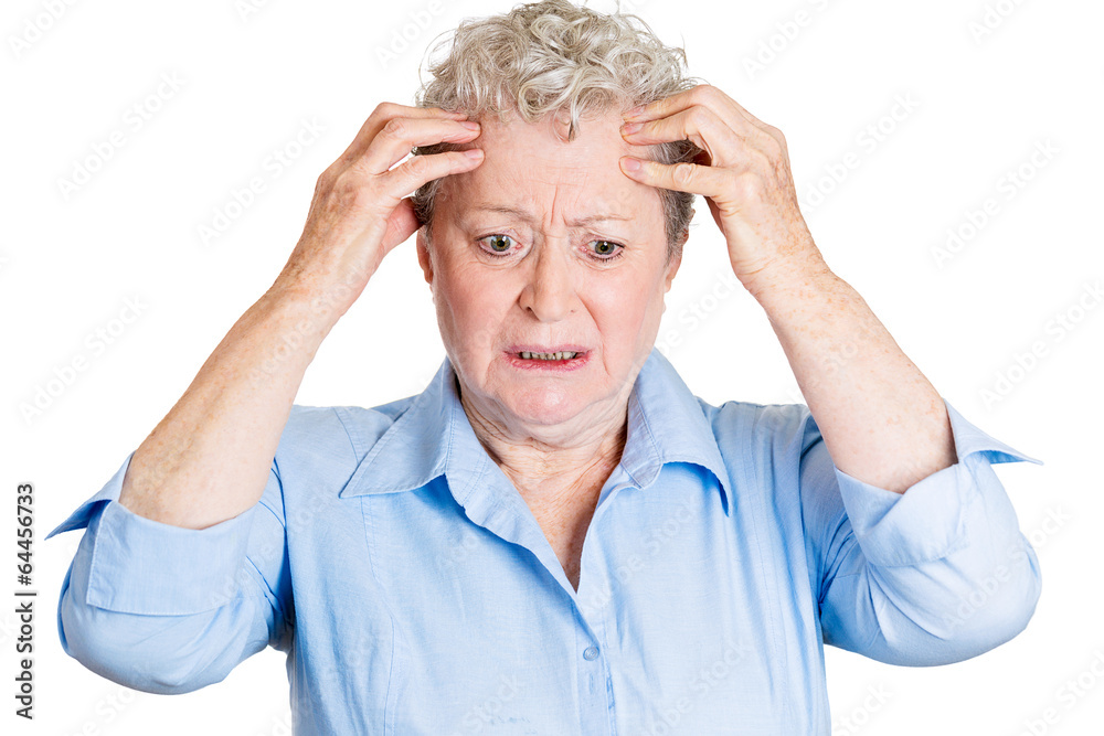 Portrait, headshot elderly woman having headache, stress Portrait, headshot elderly woman having headache, stress