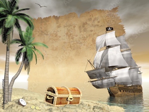 Pirate ship finding treasure - 3D render