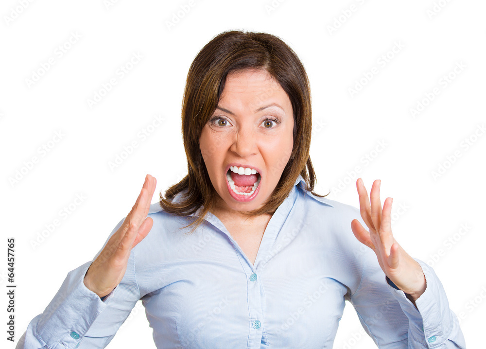 Portrait mad frustrated woman isolated white background Portrait mad frustrated woman isolated white background
