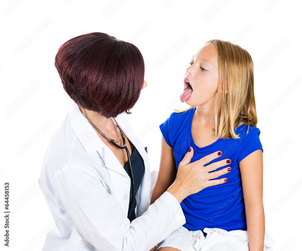 Throat exam. Teenager girl and medical doctor white background 