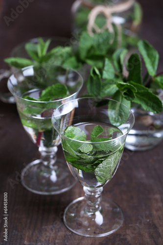 Mint in glass jar on wooden background