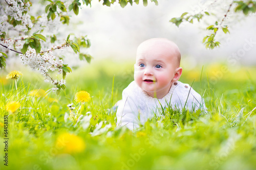 Adorable funny baby in blooming spring apple garden