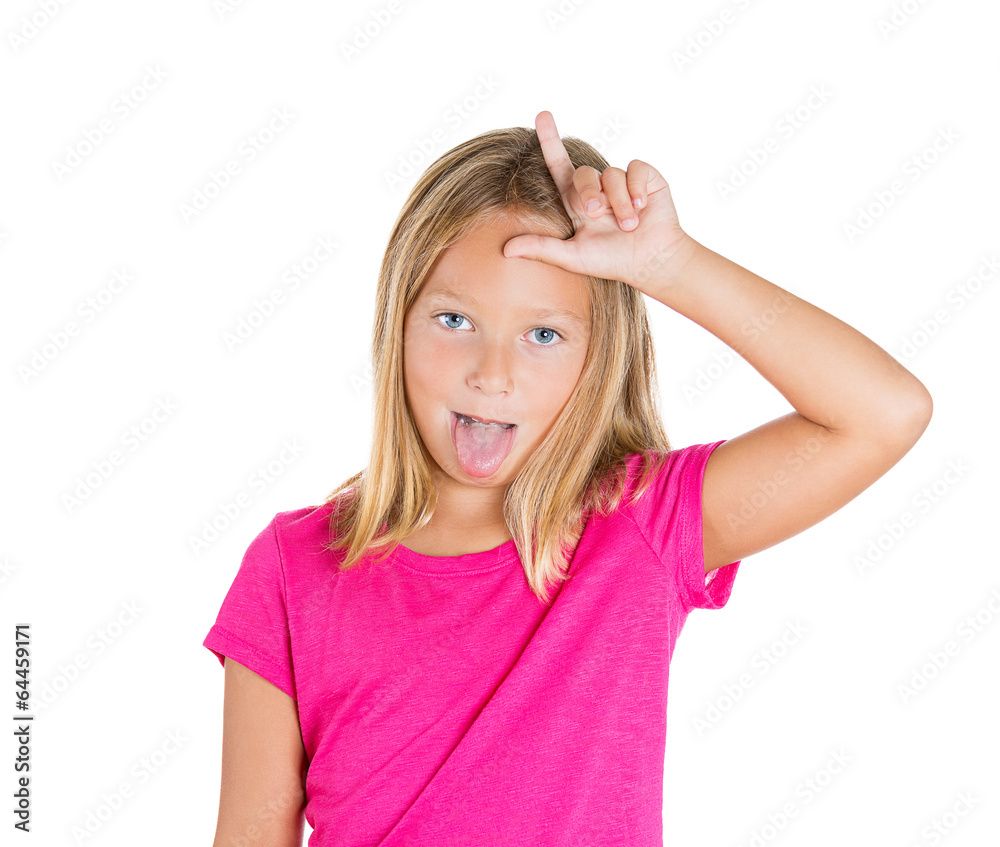 Rude bully teenager girl showing loser sign on white background Rude bully teenager girl showing loser sign on white background