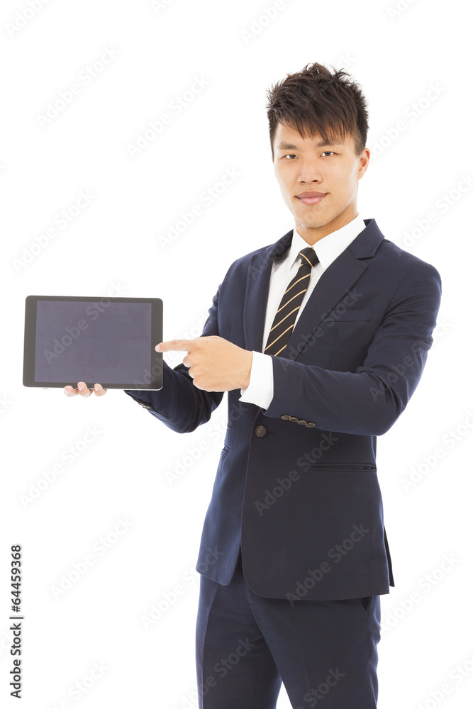 businessman holding a tablet to presenting businessman holding a tablet to presenting