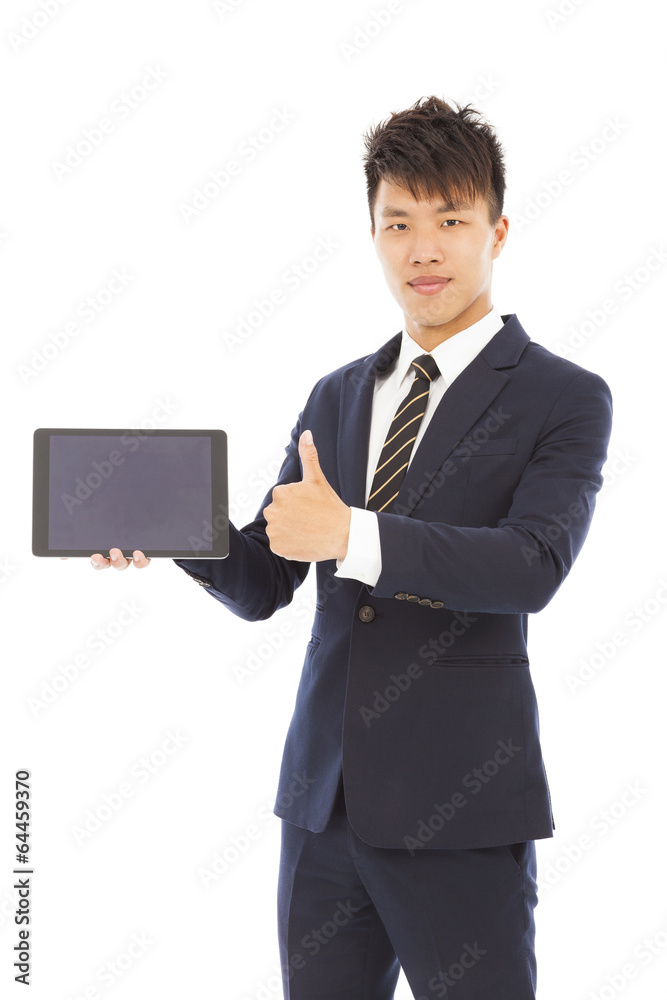 businessman holding a tablet and thumb up businessman holding a tablet and thumb up