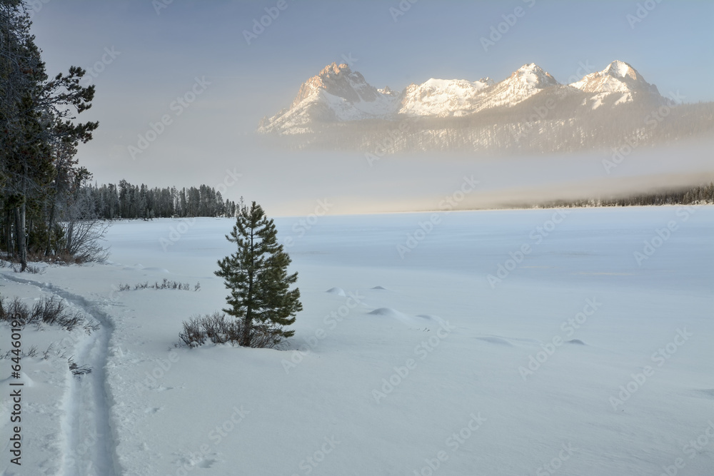 Beautiful winter lake in the mountains with forest