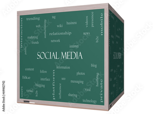 Social Media Word Cloud Concept on a 3D cube Blackboard