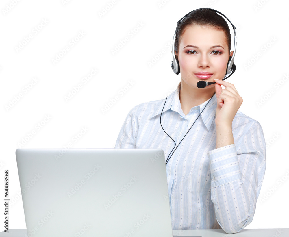 young customer service girl with a headset at her workplace young customer service girl with a headset at her workplace
