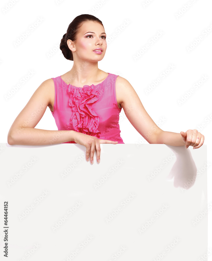 A smiling woman with a blank, isolated on white background.