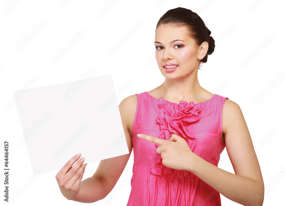 A smiling woman with a blank, isolated on white background.