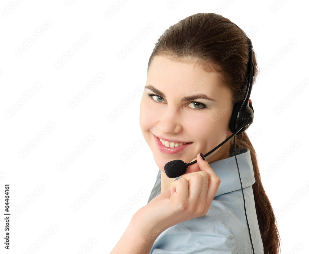Young beautiful woman with headset isolated on white background. Young beautiful woman with headset isolated on white background.