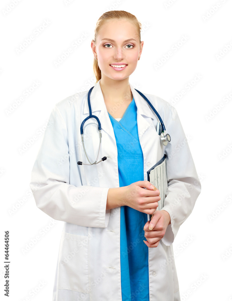 A female doctor with a folder, standing A female doctor with a folder, standing