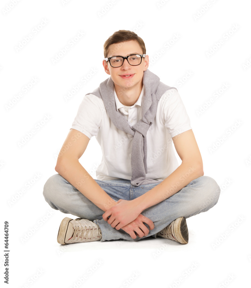 Man sitting on the floor isolated on white background. Man sitting on the floor isolated on white background.