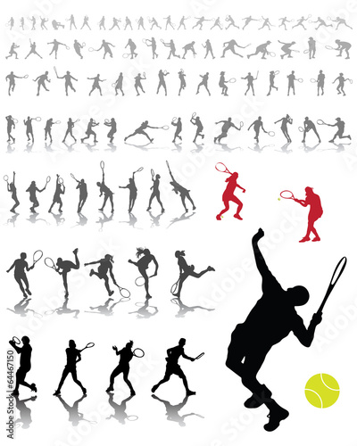 Silhouettes and shadows of tennis players, vector