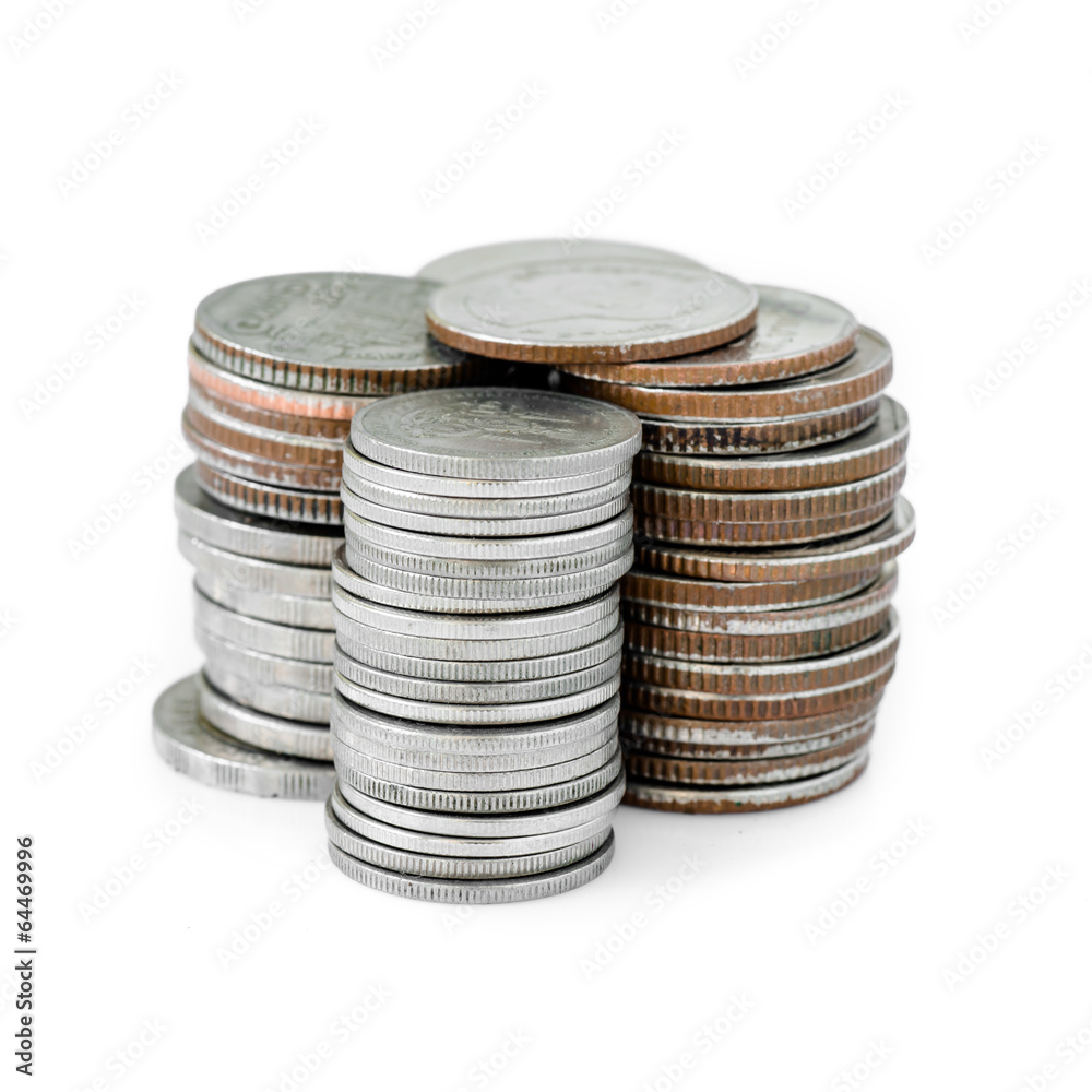 coins stack on white background selective focus. coins stack on white background selective focus.