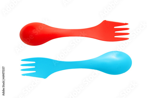 Pair of plastic varicolored camping cutlery tools spoons and for