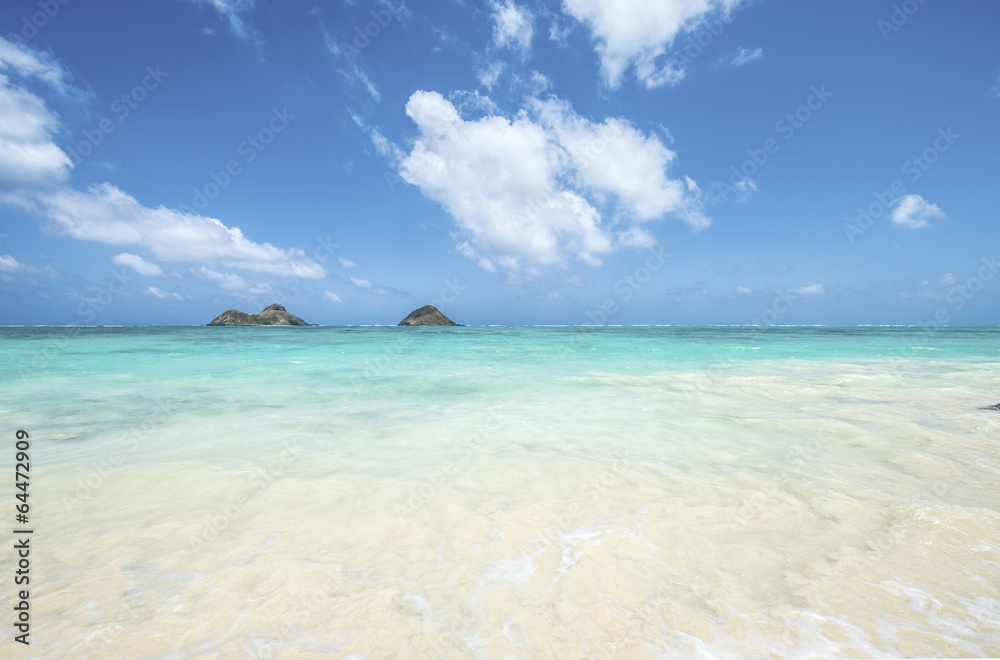 tropical Lanikai beach in Oahu Hawaii with two islands-3