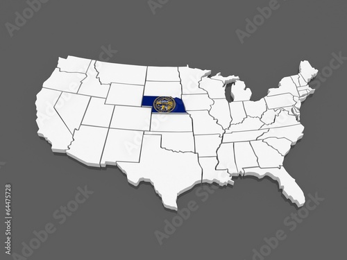 Three-dimensional map of Nebraska. USA.