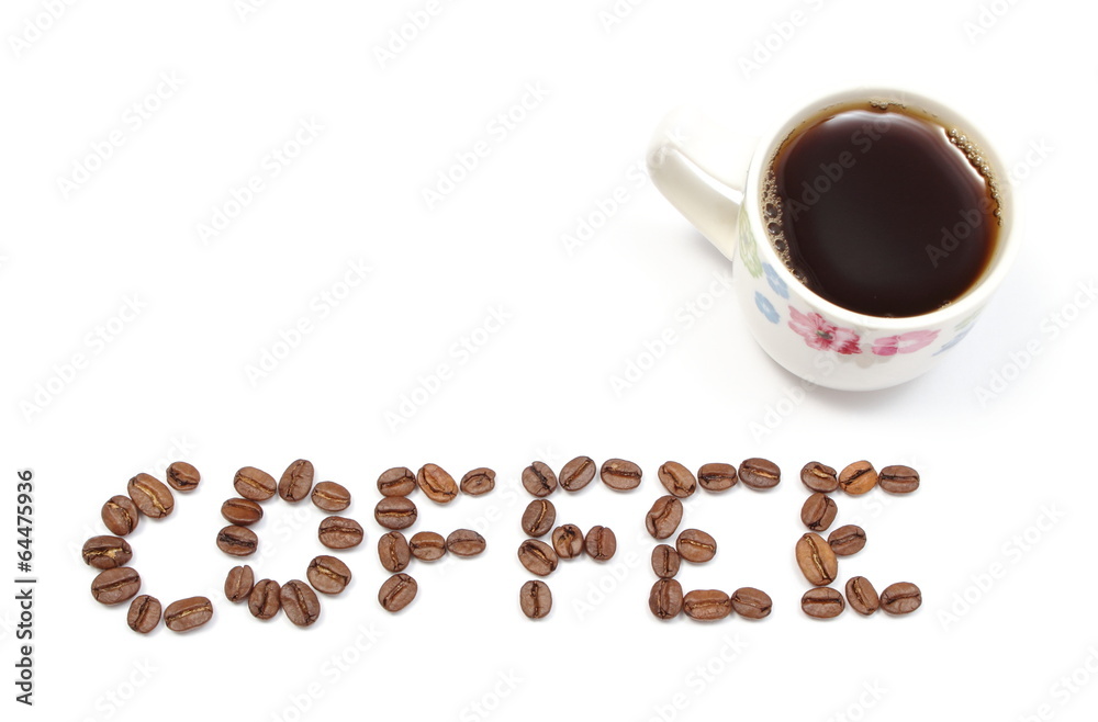 Inscription coffee and cup of beverage on white background Inscription coffee and cup of beverage on white background